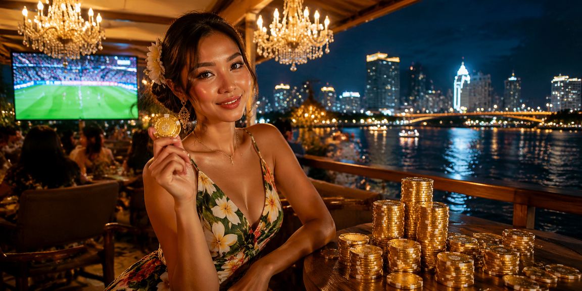 Model perempuan Vietnam berpose dengan nuansa festival dan tiket lotre digital