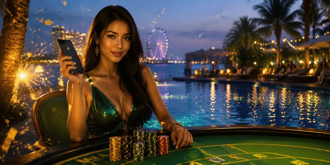 Pengguna bermain casino mobile di tepi pantai dengan smartphone