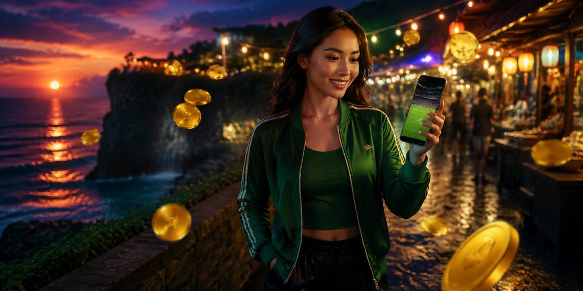Pengguna mengakses casino mobile di pasar malam dengan suasana ramai dan aman