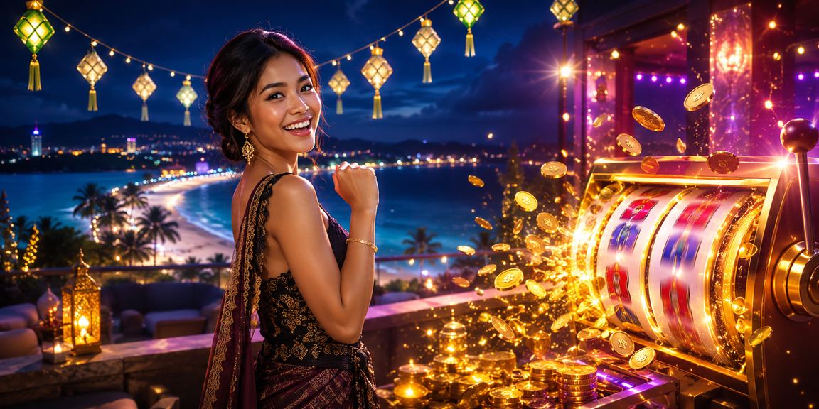 Tampilan slot game berwarna-warni dimainkan di tepi pantai berpasir